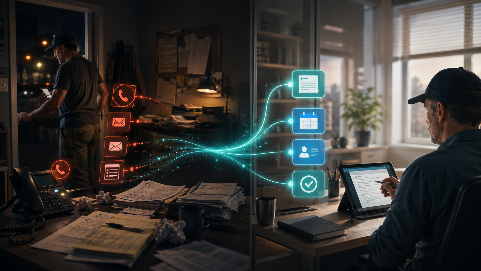 A service business moves from missed calls, scattered messages, and paperwork after hours to an organized workflow with prepared replies, scheduling, contact records, and completed follow-up.