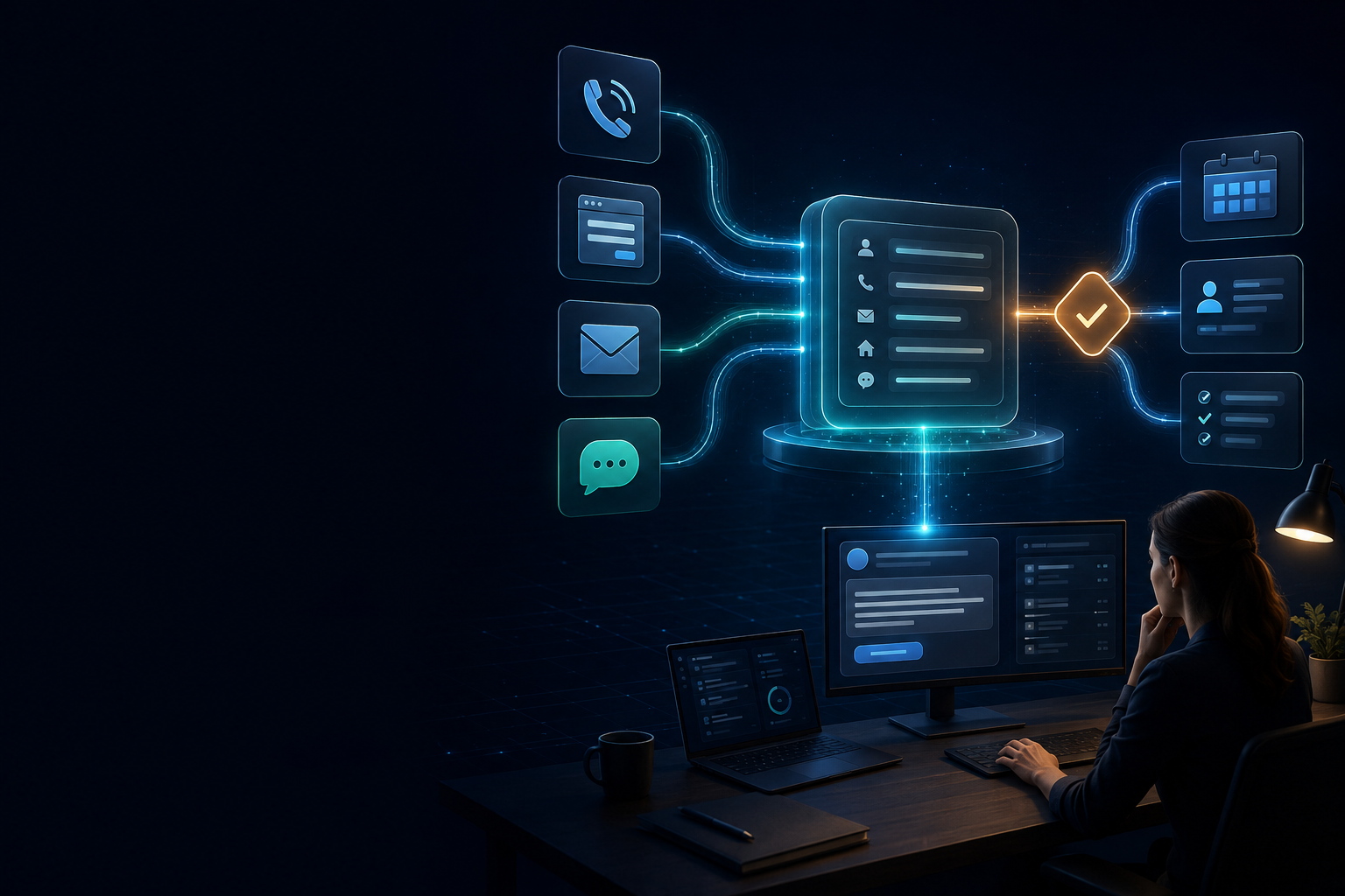 A managed AI employee collects calls, forms, emails, and messages, routes approved work through a human checkpoint, and produces appointments, contact records, and follow-up tasks.